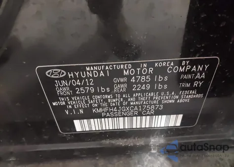 2012 Hyundai Azera из США, поврежденный, VIN KMHFH4JGXCA175873